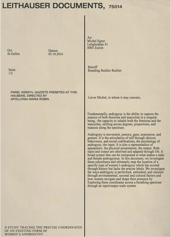 Leithauser Documents, 75014. A letter on androgyny: the ability to capture the essence of both feminine and masculine in a singular being.